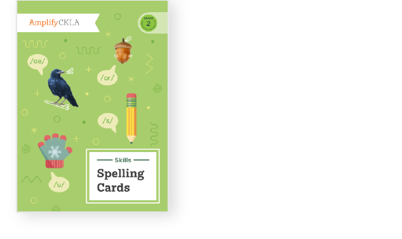 Green educational card cover with a crow, acorn, pencil, mittens, and phonetic symbols. Title: "Amplify CKLA Skills Spelling Cards, Grade 2.