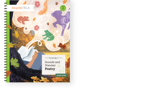 Cover of a book titled "Sounds and Stanzas: Poetry" with whimsical illustrations of animals and leaves emerging from an open book. It is labeled as a Teacher Guide, Level 2.