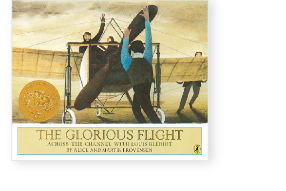 Illustration of Louis Blériot's historic flight across the English Channel in a vintage aircraft, with people preparing the plane.