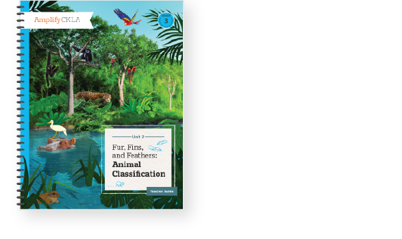 A textbook cover titled "Fur, Fins, and Feathers: Animal Classification." It features illustrations of various animals in a lush forest and pond setting.