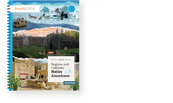 Textbook cover titled "Unit 6: Regions and Cultures: Native Americans" with various related images including landscapes, dwellings, and icebergs, and a Teacher Guide note.
