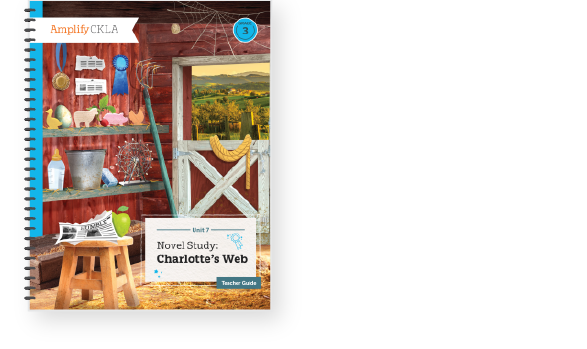 Cover of "Novel Study: Charlotte's Web" teacher guide, featuring a barn scene with farm tools, a spider web, ribbons, a jug, and a picnic table.