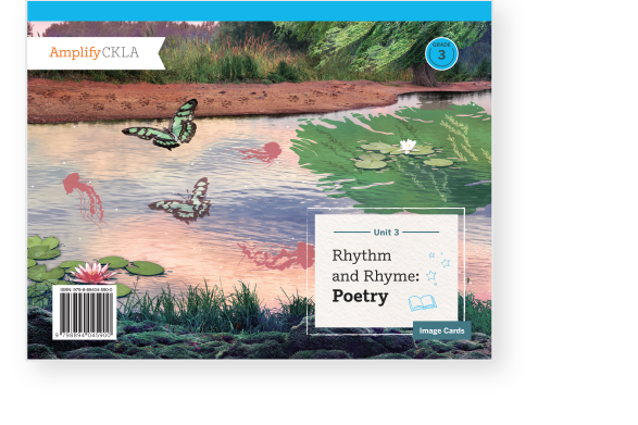 Illustrated cover of a book titled "Rhythm and Rhyme: Poetry" featuring a pond with butterflies, lily pads, and a barcode at the bottom left. Grade 3 and "Amplify CKLA" are noted in the corner.