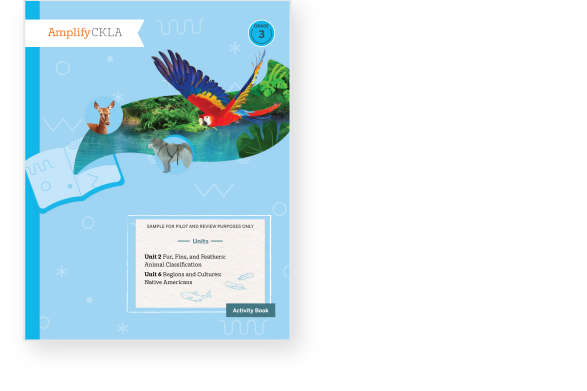 Cover of an activity book titled "Amplify CKLA" with images of a deer, parrot, and elephant, over a blue background.