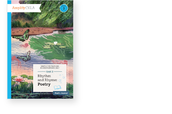 A book titled "Rhythm and Rhyme: Poetry" with an illustrated cover featuring a pond, butterflies, and foliage. The book is part of Amplify CKLA, Unit 3, Poet’s Journal.
