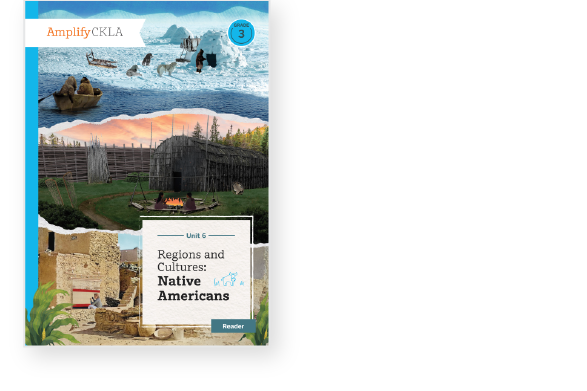 Book cover titled "Regions and Cultures: Native Americans," featuring images of indigenous landscapes, canoes, teepees, and dwellings. Grade 3, Unit 6.