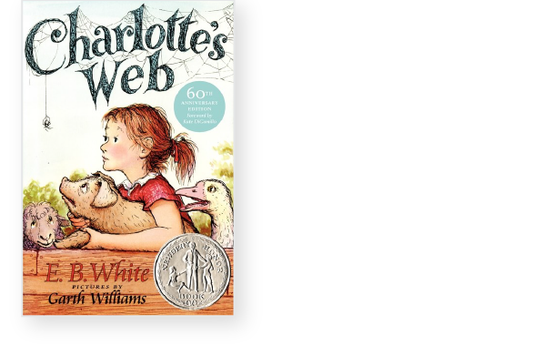Cover of "Charlotte's Web" by E.B. White, showing a girl holding a pig with a medal award graphic and anniversary edition label.