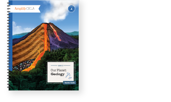Textbook cover titled "Our Planet: Geology" featuring a volcano with lava, surrounded by forests, part of a 4th-grade curriculum unit from Amplify CKLA.