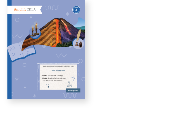 Cover of an Amplify CKLA activity book featuring a volcano, kite, and candle illustrations. Text indicates topics: our planet, geology, road to independence, and the American Revolution.