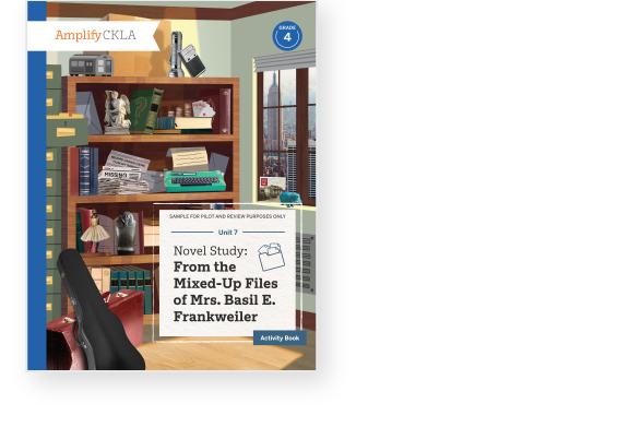 Activity book cover for Grade 4 Unit 7, "From the Mixed-Up Files of Mrs. Basil E. Frankweiler." Features a bookshelf with various items and view of a cityscape through a window.