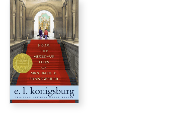 Cover of "From the Mixed-Up Files of Mrs. Basil E. Frankweiler" featuring two children on a red carpeted museum staircase.