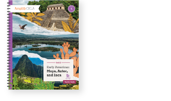 Cover of a teacher's guide titled "Early Americas: Maya, Aztec, and Inca," featuring images of temples, mountains, a bird, and cacti.