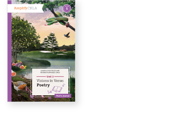 Cover of a poetry journal titled "Visions in Verse" for Grade 5, featuring a tree, birds, and a snake in a colorful landscape.