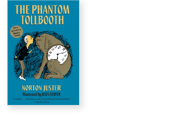 Cover of "The Phantom Tollbooth" by Norton Juster, featuring a boy peering into a large clock held by a dog with a clock face.