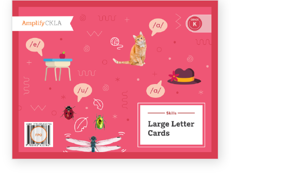 Red cover of a language learning book featuring a cat, hat, table, fruits, and insects with speech bubbles containing phonetic symbols. Text reads “Amplify CKLA” and “Skills Large Letter Cards.”.