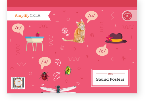 Illustrated poster with a cat, insects, a hat, and a table with an apple. Features phonetic symbols /a/, /e/, and /u/. Text reads "Amplify CKLA" and "Skills Sound Posters, Grade K".