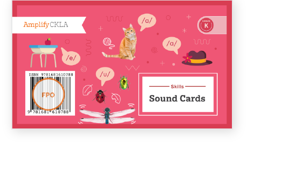 A red card labeled "Sound Cards" with images of a cat, insect, hat, and food, speech bubbles with "/u/", and an ISBN barcode; labeled "Amplify CKLA Grade K.