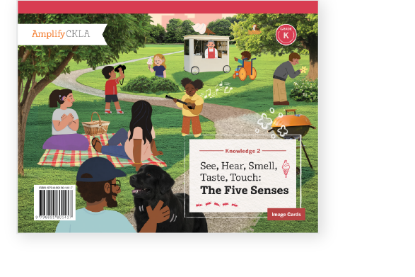 Illustration of people in a park: children playing, adults with a barbecue, a man playing guitar, a food truck, and a person with a black dog. Text: "Knowledge 2 - The Five Senses".