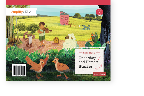 Illustrated book cover with farm animals, a child playing the violin, and a pink building in the background. Title: "Underdogs and Heroes: Stories.