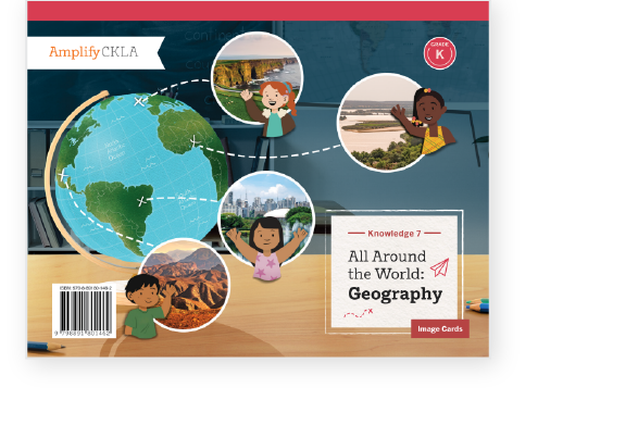 Cover of "All Around the World: Geography" book, featuring a globe, children, and photos of various landscapes and cities.