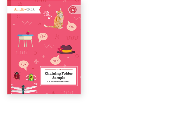 Pink sample cover for the Amplify CKLA Skills Chaining Folder. Features a cat, hat, ladybug, bee, and dragonfly illustrations, along with phonetic symbols and a warning: "FOR REVIEW PURPOSES ONLY.