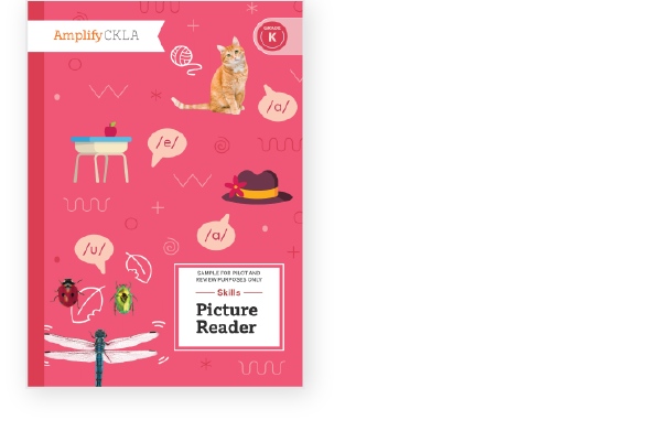 A kindergarten picture reader book with images of a cat, hat, insects, table with vase, and phonetic symbols on a pink background.