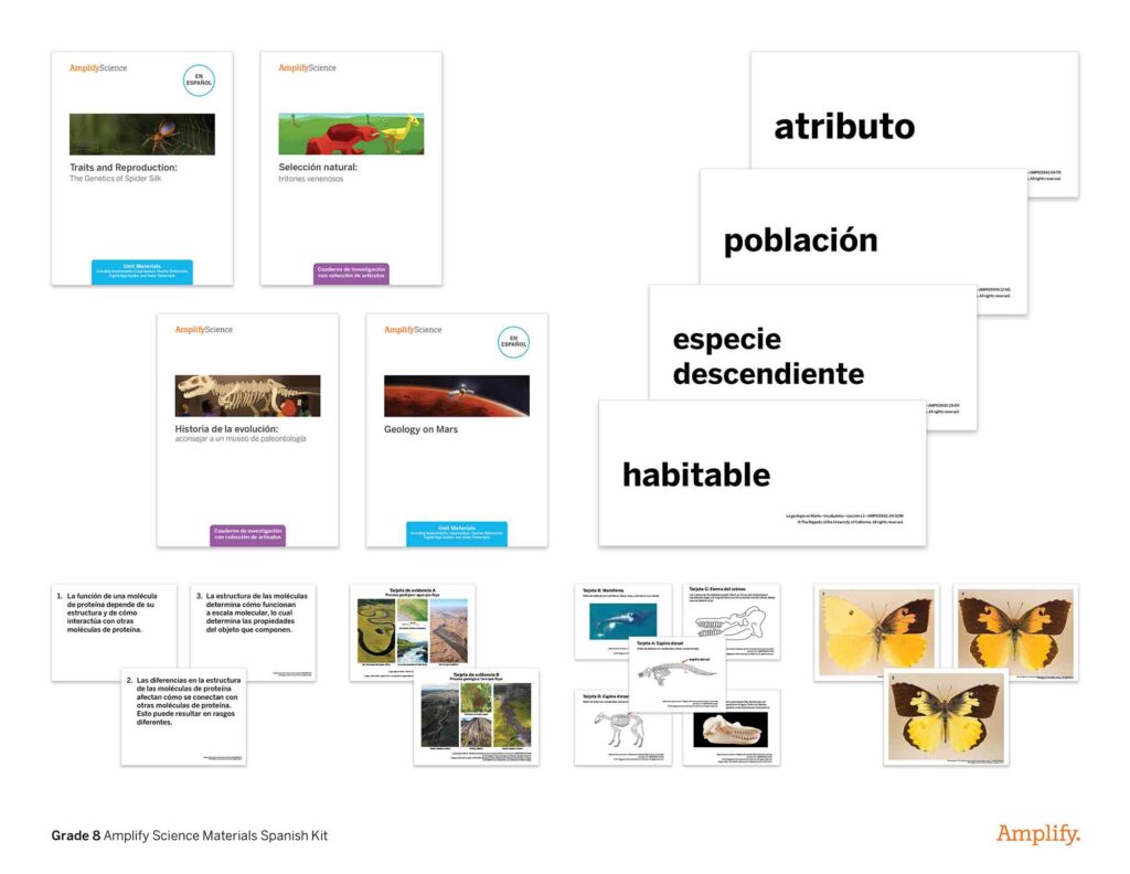 Educational presentation slides from grade 8 amplify science materials spanish kit, displaying various science topics like geology and biology.
