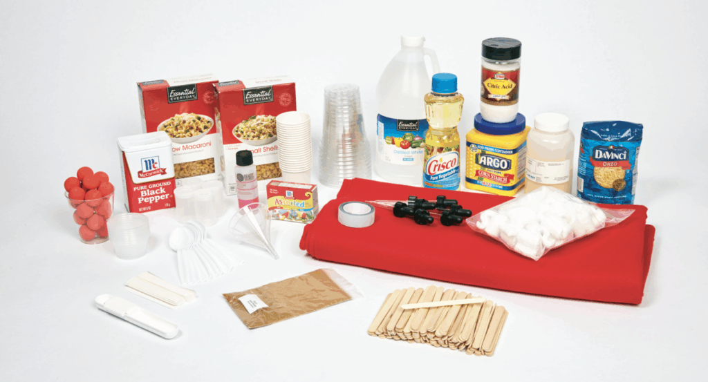 Assorted household and craft items including food products, plastic utensils, cups, red fabric, cotton balls, popsicle sticks, ping pong balls, and various containers arranged on a white background.