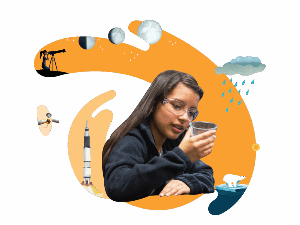 A girl wearing safety glasses examines a glass of water, surrounded by illustrations of a rocket, telescope, polar bear, raindrops, and moons on an orange background.