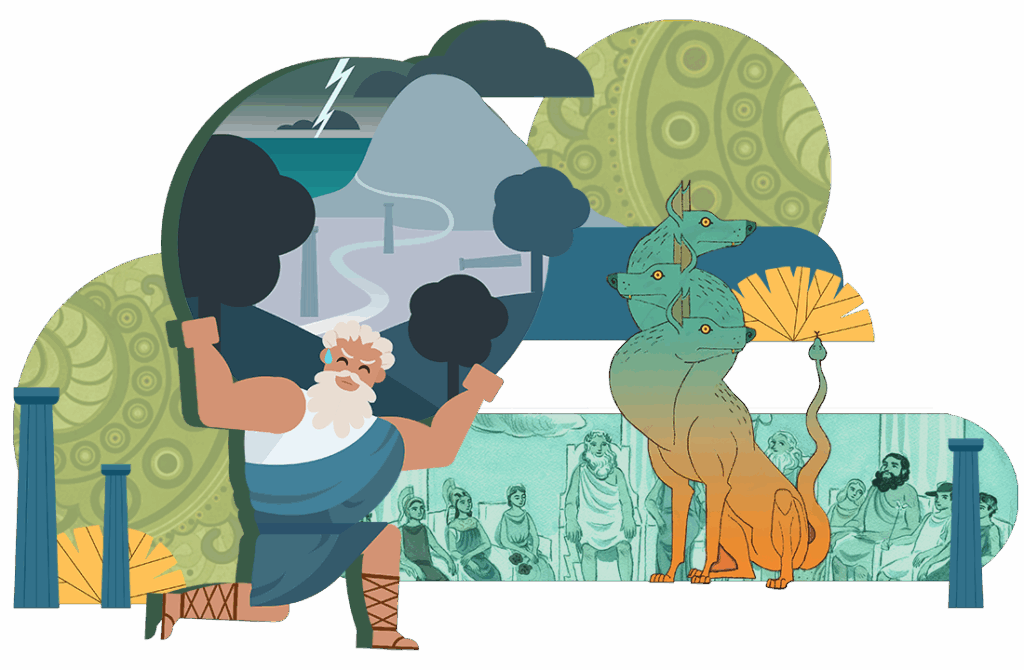 Illustration of a bearded man holding black clouds, a three-headed dog, Greek columns, and a background with waves and ancient Greek figures—perfect for CKLA or other literacy curriculum visual resources.
