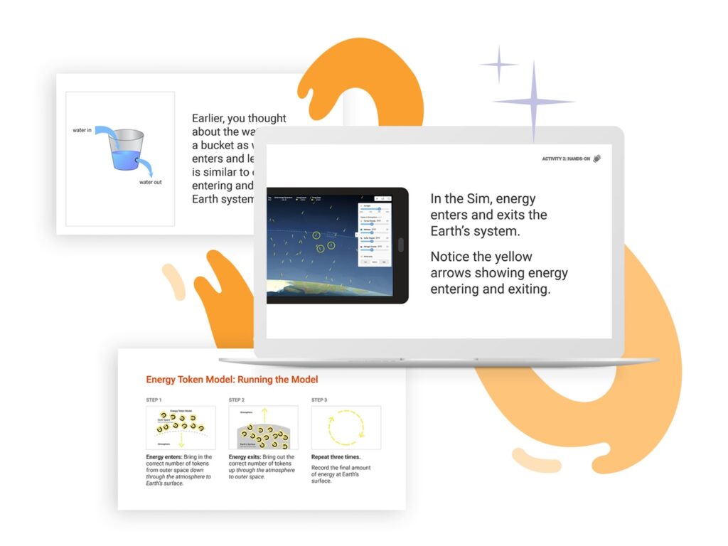 Digital collage of various devices displaying educational content about earth’s energy system, including graphs and text explanations.