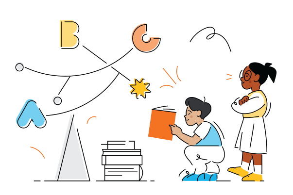 A boy kneels and reads a book near stacked books, while a girl stands with folded arms; both observe a mobile with colorful shapes and letters, reflecting elements of classroom instruction inspired by the Science of Reading.