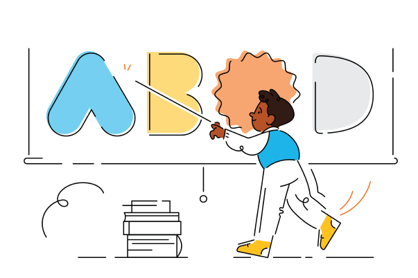 A child points at large outlined letters on a board with a pointer stick, next to a stack of books—capturing an engaging moment in classroom instruction.