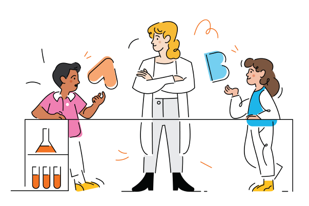 Three people in lab coats stand around a lab table with test tubes and a flask, engaging in classroom instruction as they discuss and gesture to each other.