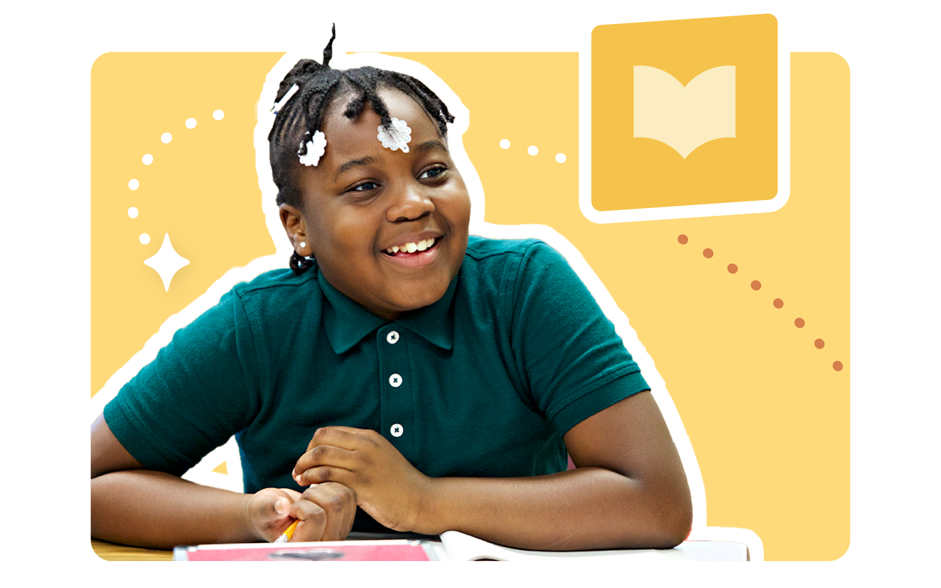 A smiling girl in a green shirt sits at a desk with an open book, holding a pencil, highlighting the importance of literacy benchmarks. A yellow background with a book icon is shown behind her.