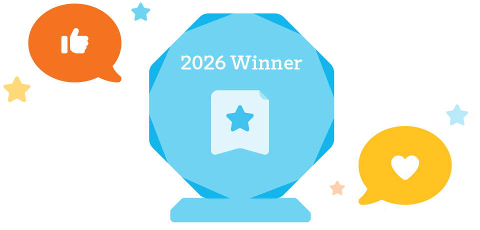A blue award plaque labeled "2026 Winner" is surrounded by colorful speech bubbles with a thumbs up and heart icon, decorative stars, and highlights achievements in the science of reading.