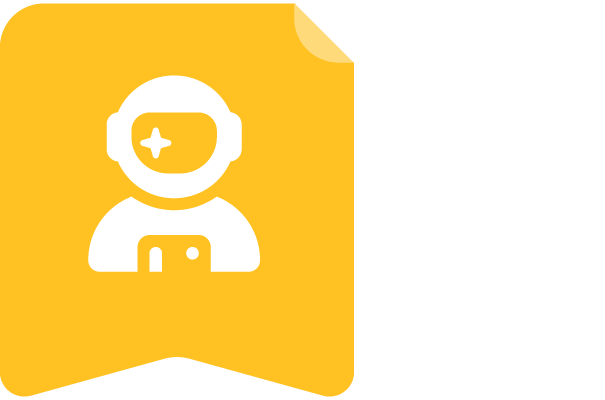A yellow, rectangular flag icon with a white graphic of a person wearing a helmet and holding a device, resembling an astronaut or robot—symbolizing exploration much like the science of reading uncovers new frontiers in literacy.