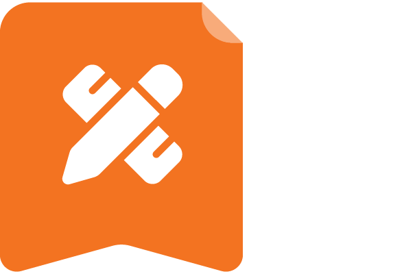 An orange flag-shaped icon with a white pencil and ruler crossed in the center, symbolizing design or editing tools inspired by the science of reading.