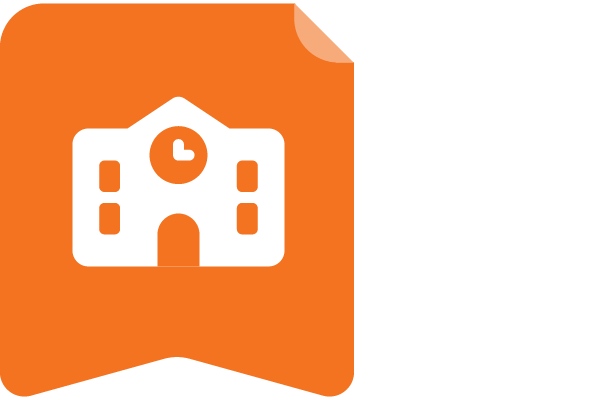 White icon of a school building with a clock on an orange, flag-shaped background, representing dedication to the science of reading.