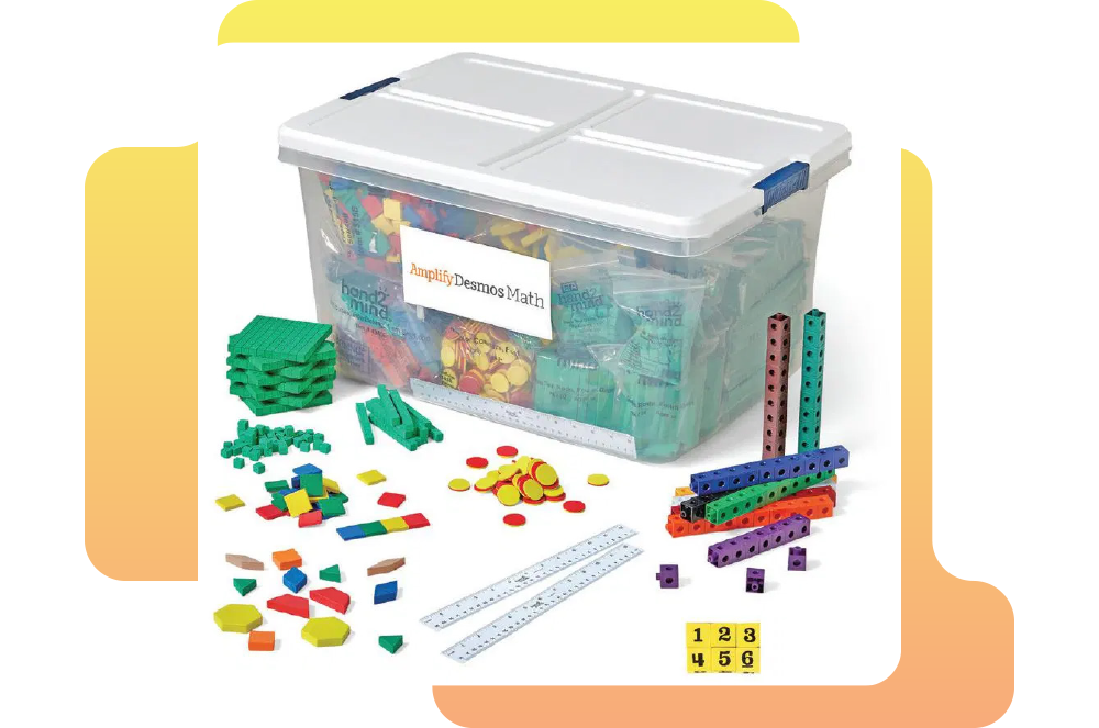 A clear plastic box contains various math manipulatives, including counting cubes, geometric shapes, rulers, and dice, displayed outside the box.