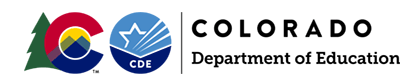 Logo for the Colorado Department of Education showing a mountain scene with trees and the CDE emblem next to the text "Colorado Department of Education.