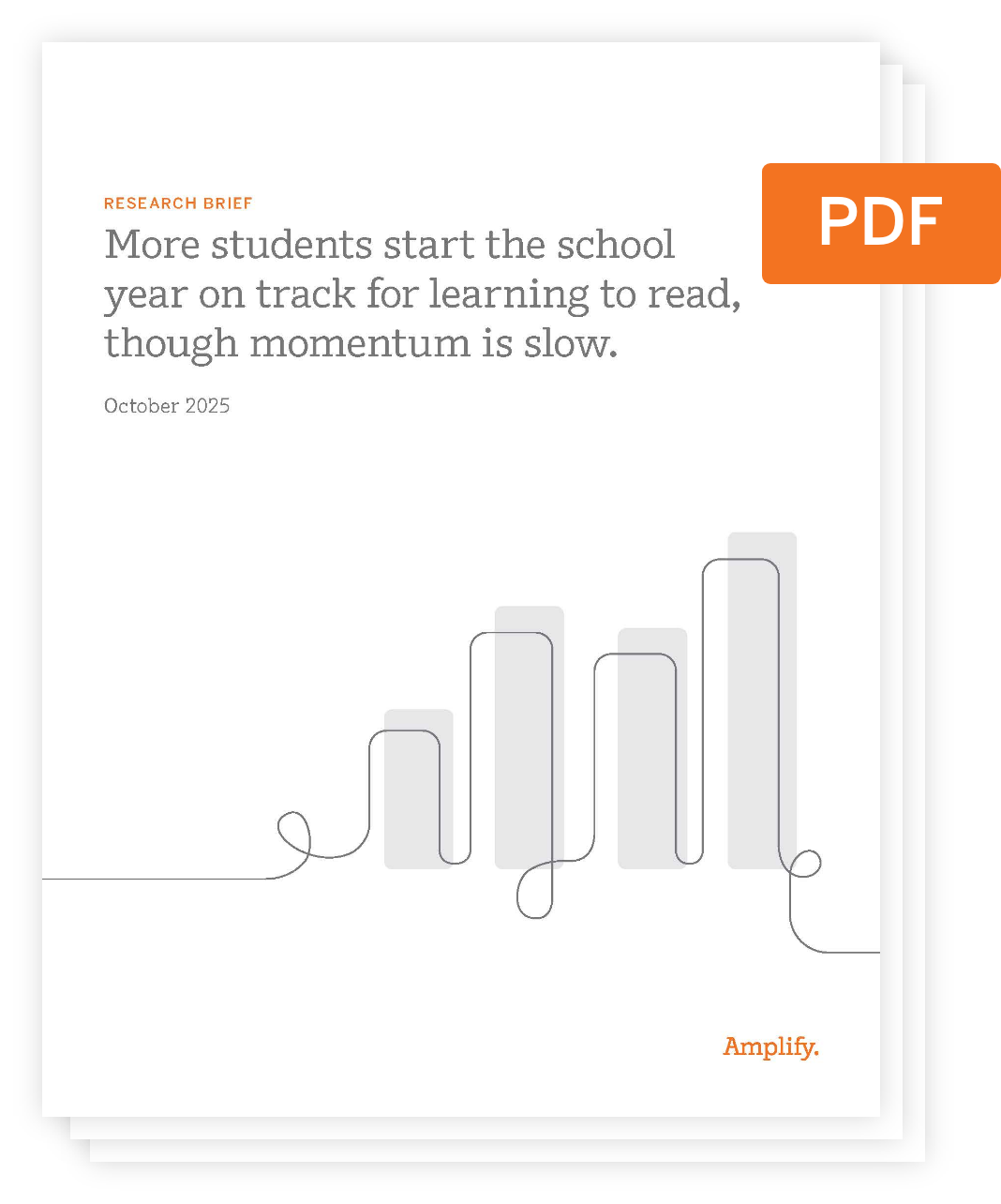 A PDF cover titled "More students start the school year on track for learning to read, though momentum is slow," dated October 2025, with a stylized bar graph illustration.