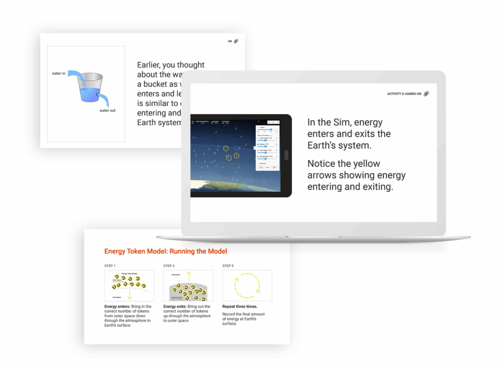 A laptop screen displays a simulation of energy arrows entering and exiting Earth's system, flanked by diagrams explaining water flow and an energy token model.