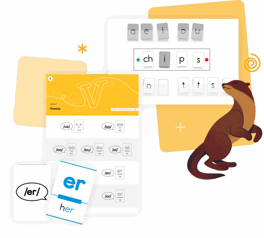 A digital learning interface displays vowel sounds, word-building activities, and phonics flashcards, with an illustrated brown weasel on the right.