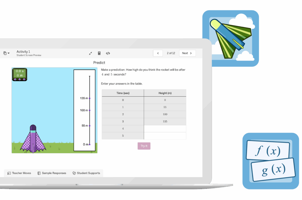 A laptop screen displays a math activity with a question about a rocket's height. Icons of a rocket and mathematical functions are on the side.