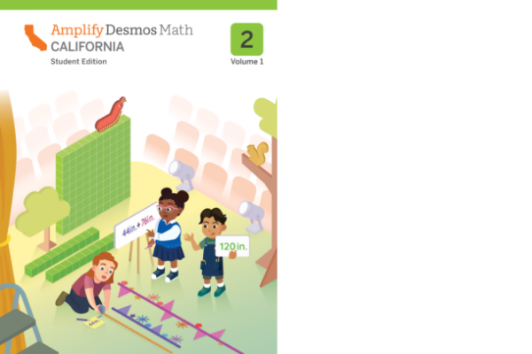 Three children measure and mark a path on the ground with a ruler and tape, next to a large green base ten block and a 120-inch sign, on a math textbook cover.