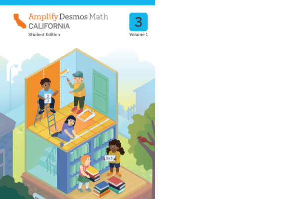 Illustration of four children in a house-like structure, one painting, one holding a book, one holding a math sign, and one reading, on the cover of a math textbook labeled "Grade 3.