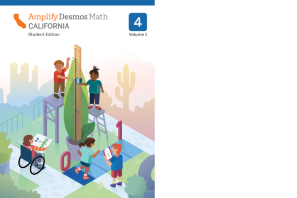 Four children stand and work around a large plant and number tiles outdoors, with one child in a wheelchair and another holding a clipboard. The cover reads "Amplify Desmos Math California 4.