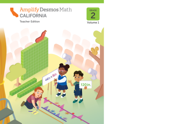 Cover of a Grade 2 math textbook showing a teacher and two students measuring a number line and holding a sign that reads "120 in." with math visuals in the background.