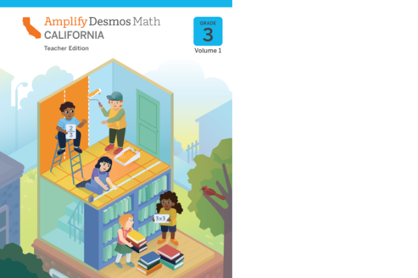 Illustration of four children in a two-story house doing math activities; one holds "3 x 2," another “3 x 3,” another “3 x 5,” and one paints a wall. Grade 3 math teacher edition cover.